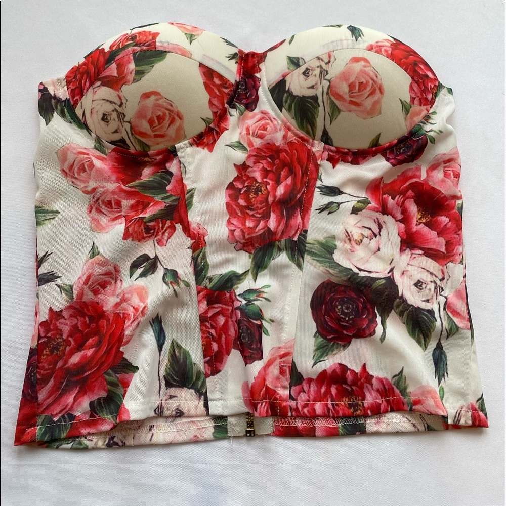 Akira floral bustier with full zip back built in padded bra size large NEW